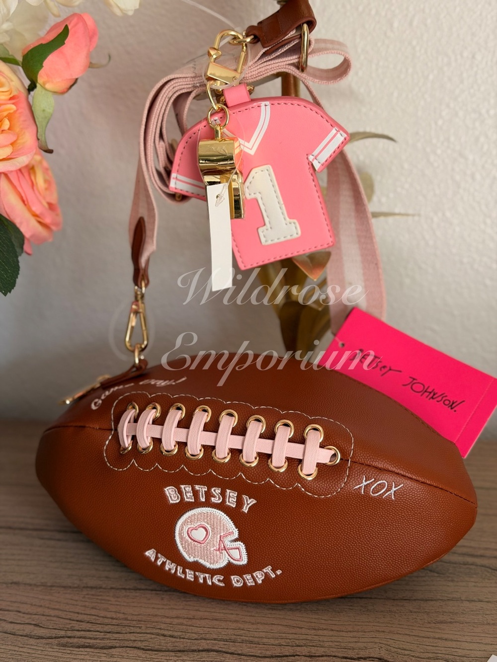 Betsey Johnson pink brown jersey whistle charm football mom gift Crossbody Bag